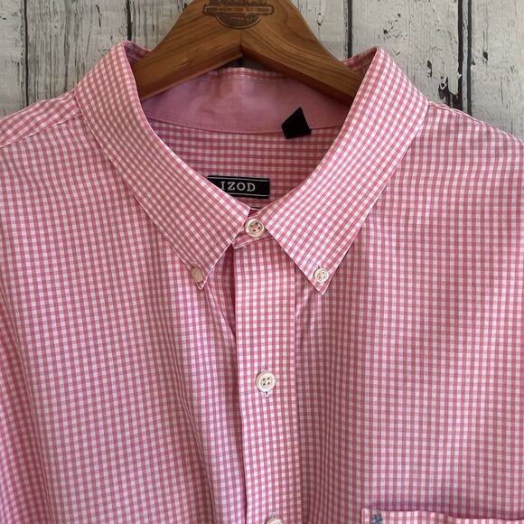 Izod Mens Pink Gingham Plaid Dress Shirt Size 3XL Office Preppy Long Sleeve - Picture 1 of 11
